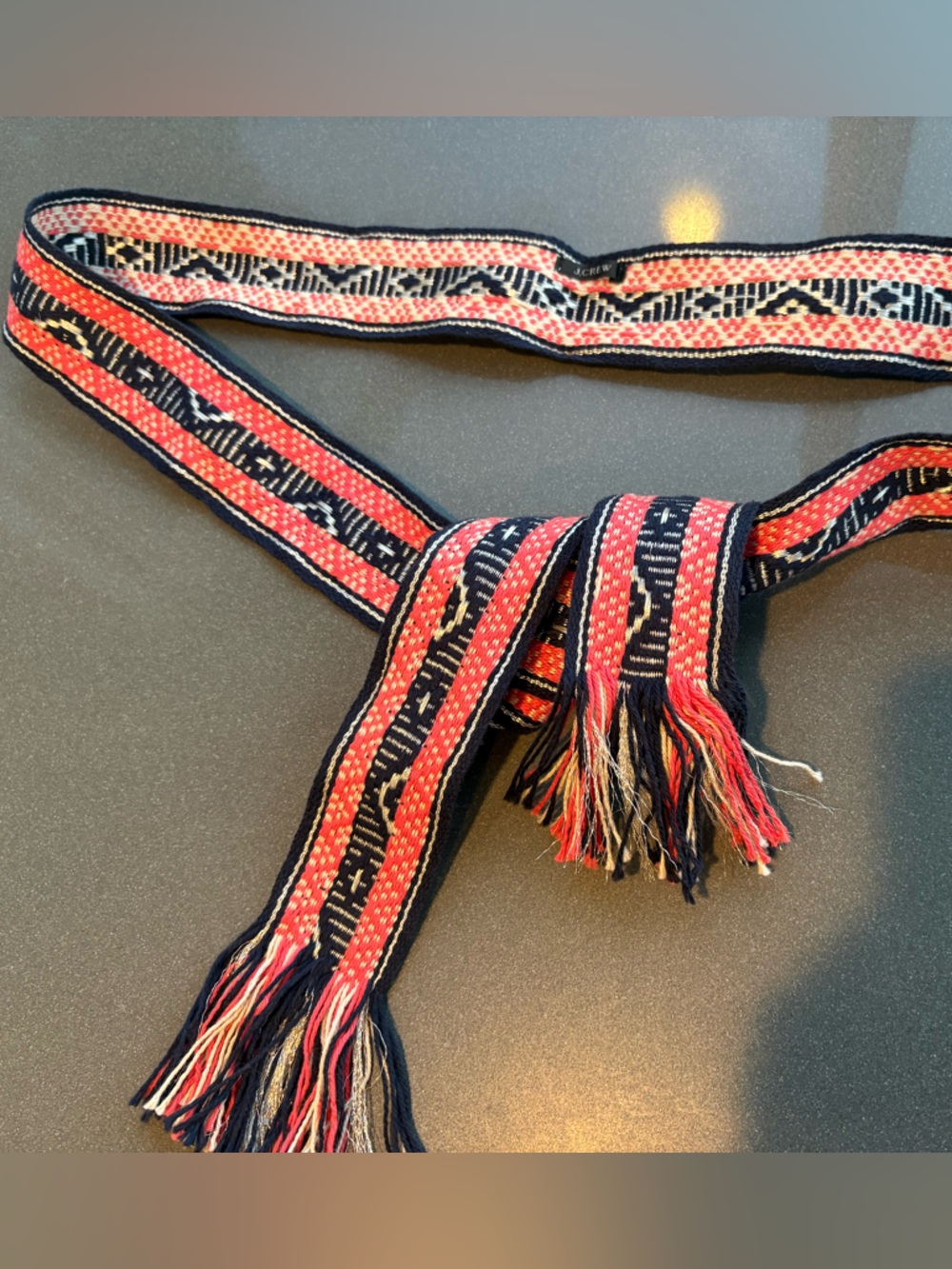 J.Crew jacquard belt features woven pink, navy, and white pattern fringed edges - Picture 3 of 6
